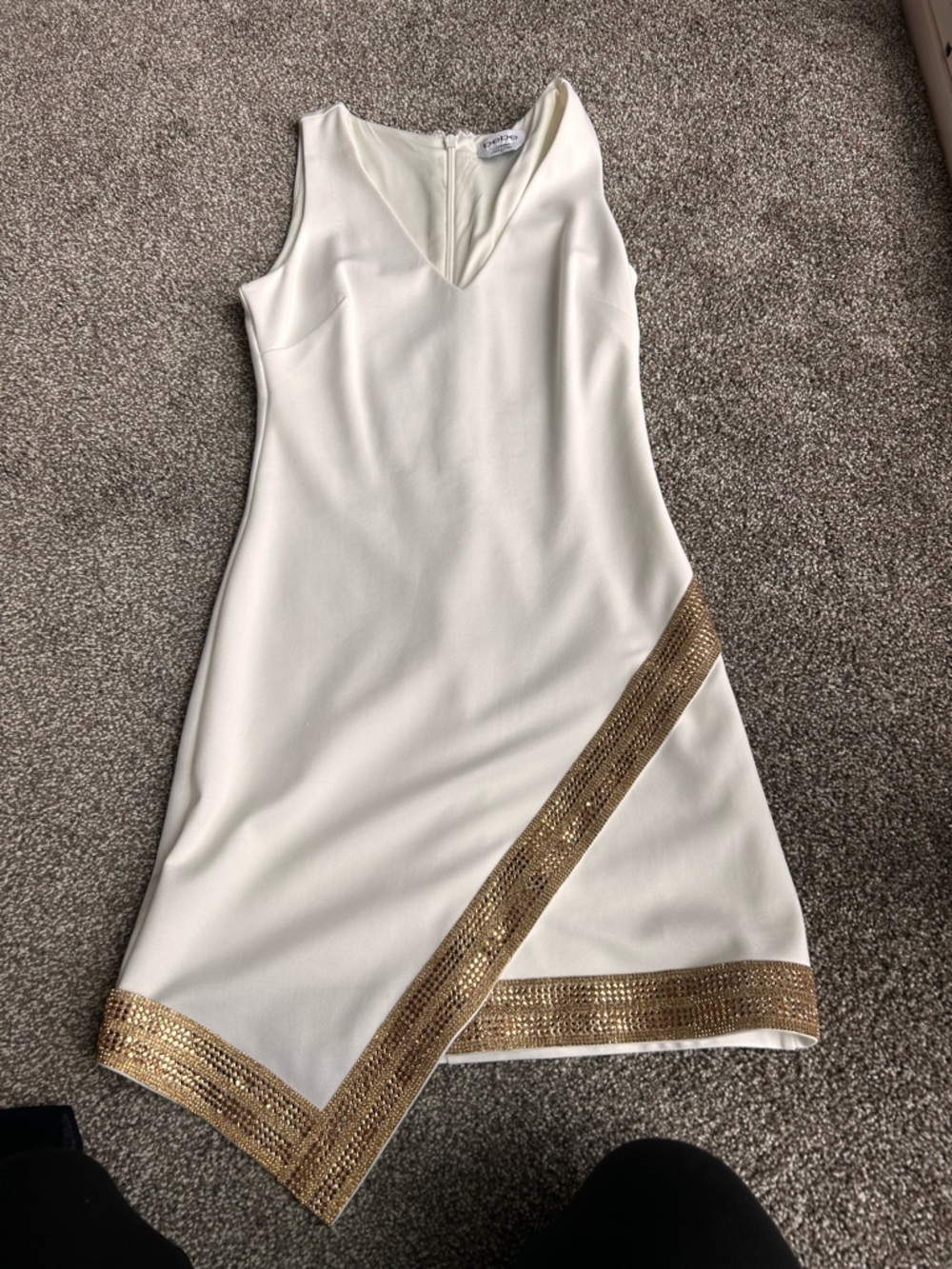 bebe Cream Asymmetrical Dress with Gold Trim